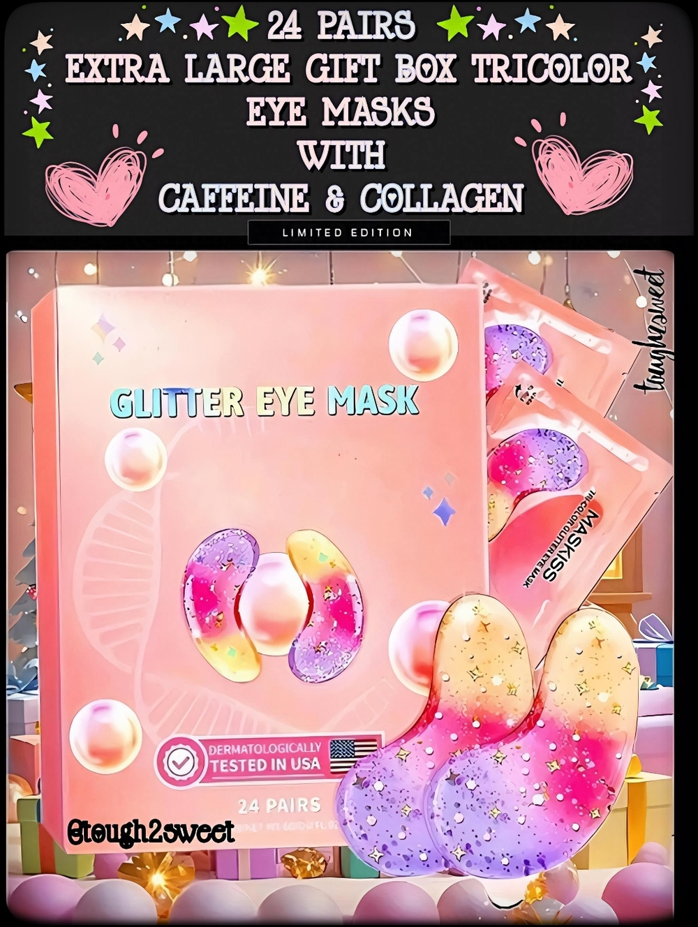 🆕️24 PAIRS EXTRA LARGE GIFT BOX OF 24 TRICOLOR EYE MASKS W/ CAFFEINE & COLLAGEN